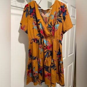 Mustard yellow tropical print ruffle dress. Size 1X.